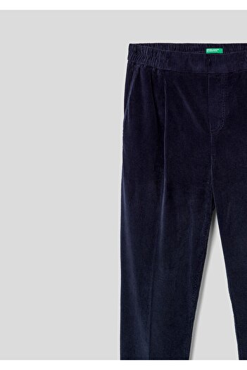 United Colors of Benetton Navy Blue Velvet Women's Trousers - Elastic Waist