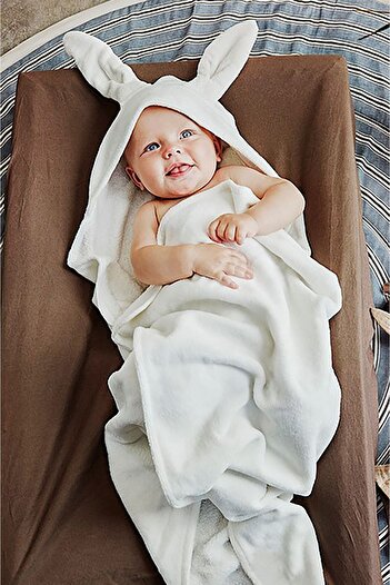 Alpar Tekstil 100% Cotton Soft Girl-Boy Bath Set - Newborn/Baby Swaddle Towel, Rabbit with Ears/Ecru