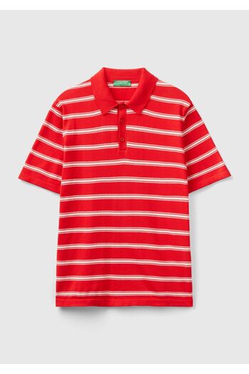 United Colors of Benetton Men's Red Striped Polo Collar Knitwear T-shirt - 100% Cotton, 3 Buttons