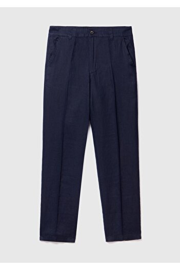 United Colors of Benetton Men's Dark Navy - 100% Linen Trousers