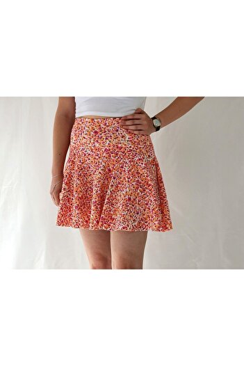 YAXİ Orange Floral Patterned Women's Corsage Bell Skirt with Belt and Shorts