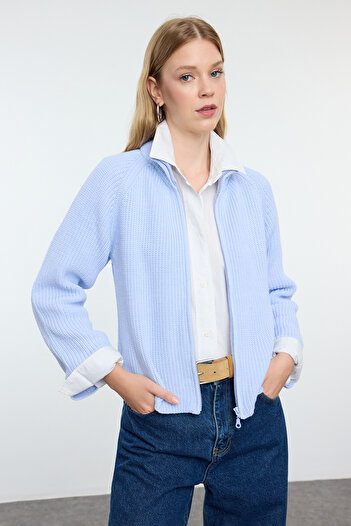 Trendyol Collection Light Blue Stand Collar Zippered Knitwear Cardigan - Twoaw25Hi00099