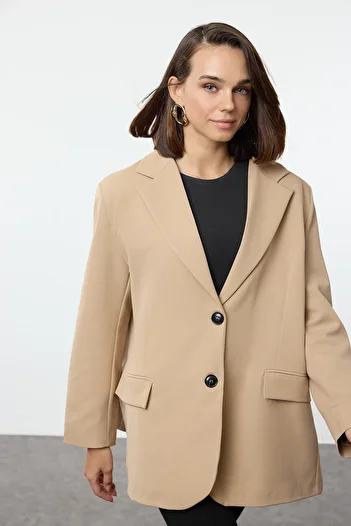 Trendyol Collection Μπεζ μπουφάν υφαντό μπλέιζερ Extra Oversize TWOAW24BC00107