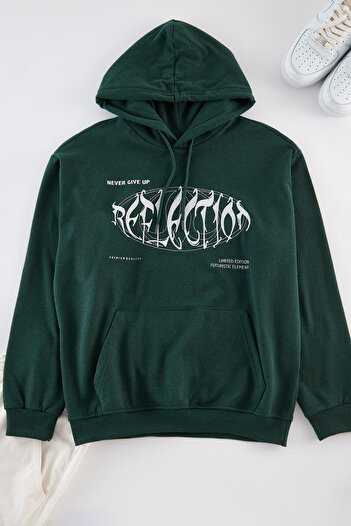 Trendyol Collection Πράσινο φούτερ με κουκούλα Oversize Fleece - Κεντημένο τύπωμα, TMNAW25SW00018