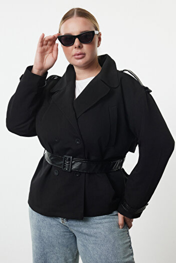 Trendyol Curve Black Technical Trench Coat with Leather Belt Detail - Regular Fit TBBAW25BM00003