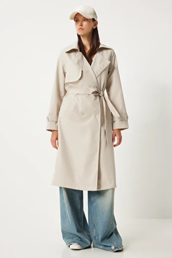 Happiness İstanbul Cream Colored Women's Long Trench Coat - DD01334