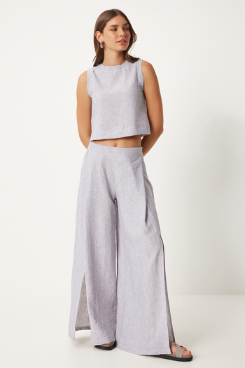 Happiness İstanbul Gray Linen Blouse and Loose Trousers Set - Slit Detailed FN03271