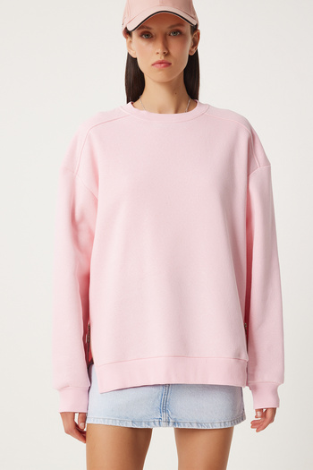 Happiness İstanbul Kadın Pembe Fermuar Detaylı Şardonlu Örme Sweatshirt UB00148