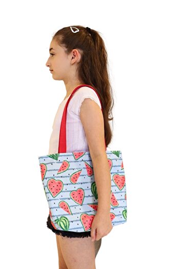 ICONE BAG Kalp Karpuz Desenli Kız Çocuk Plaj Çantası, Baskılı Çocuk Günlük Çanta