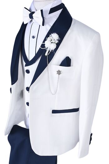 ceocuk Navy Blue Double Breasted Boy's Suit with Collar Jacket and Vest