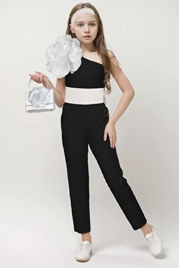 Riccotarz One Shoulder Rose Detailed Belted Waist Black Girl's Jumpsuit