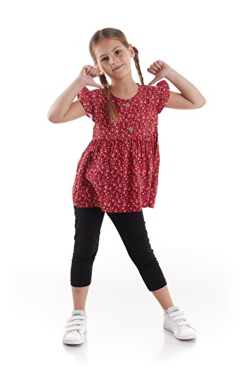 AHENGİM Kids Girl's Viscose Blouse Buttoned Tights Bottom Top Set Cotton Ak2522