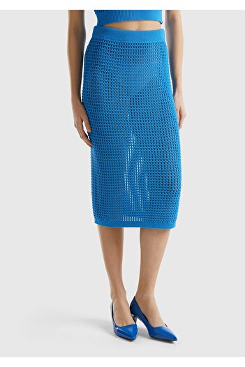 United Colors of Benetton Fusta de damă cu motiv tricotat albastru - 100% bumbac, guler până la gambe