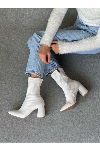 Ömer Ediz Shoes Λευκές Stretch Μπότες Χοντρό Τακούνι