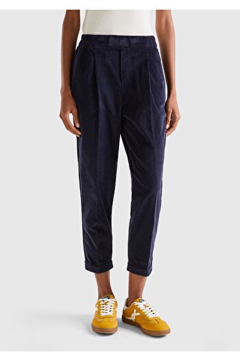 United Colors of Benetton Navy Blue Velvet Women's Trousers - Elastic Waist