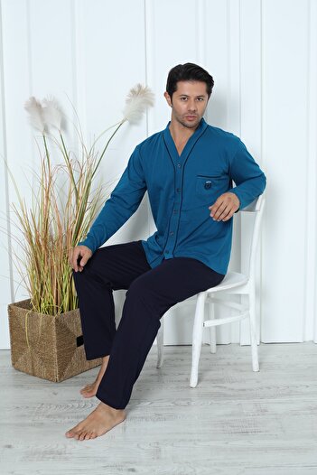 KAPİTEX Set de pijamale pentru bărbați cu mâneci lungi și șase buzunare lungi cu nasturi de culoare bleumarin