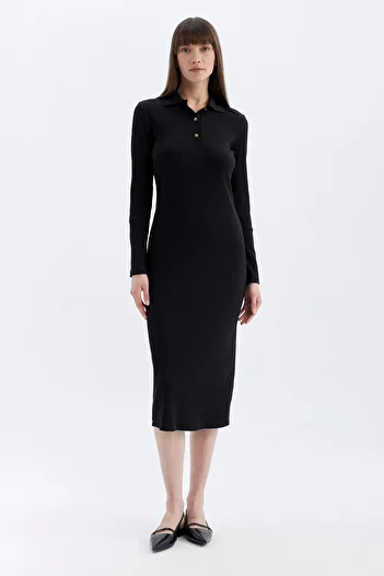 DeFacto Geripptes Camisole – figurbetontes Midikleid mit Polokragen, lange Ärmel