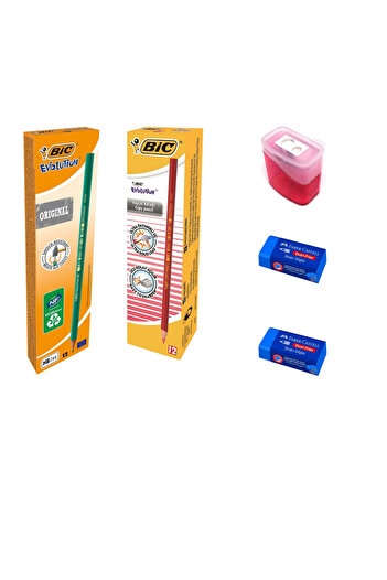 Bic Lead and Red Economic Pencil Set - 12 Pcs Fc Eraser and Pencil Sharpener 2 Pcs