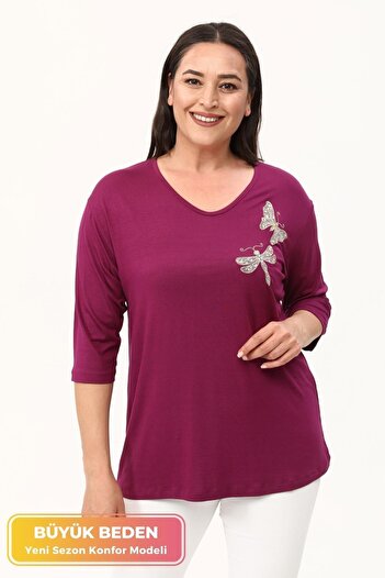 tarzımsüper New Season Plus Size Άνετη ελαστική μπλούζα με κέντημα πεταλούδας με μισό μανίκι
