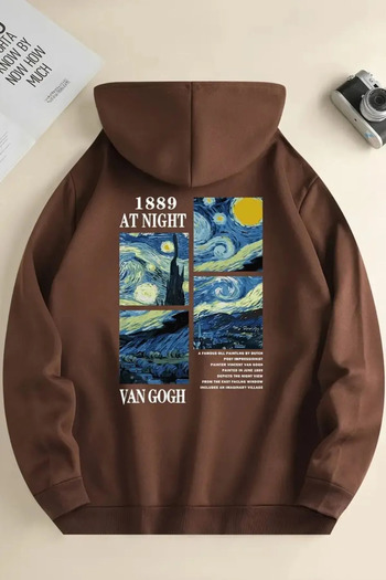 qavnas Кафяв плетен суичър с шарки на Van Gogh, унисекс