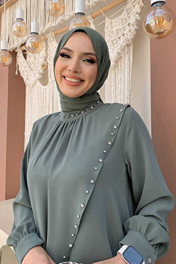Bym Fashion Çapraz Parça Görünümlü İncili Büyük Beden Elbise 3879-1 Mint