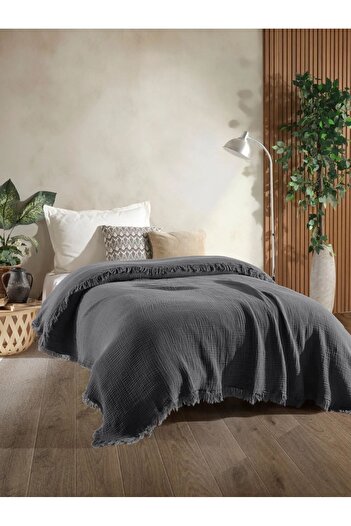 OTEXSA Anthracite Single Muslin Bedspread - 4 Layers (160X200Cm)