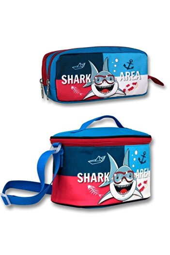 ÜMİT ÇANTA Set cutie de prânz izolată și suport pentru stilou pentru băiat Ümit Çanta - Blue Navy Shark