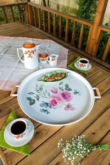 hemlife 51 cm Printed Wooden Handle Metal Tray Tea Tray Coffee Tray Presentation Tray
