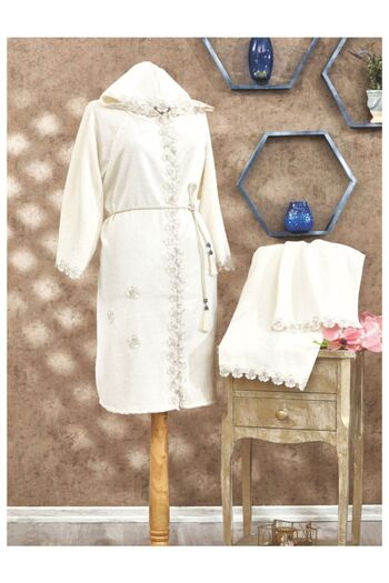 ELVİRAHOME Cream Women's 3 Piece French Lace 100% Cotton Dowry Honeymoon Bridal Bathrobe Set