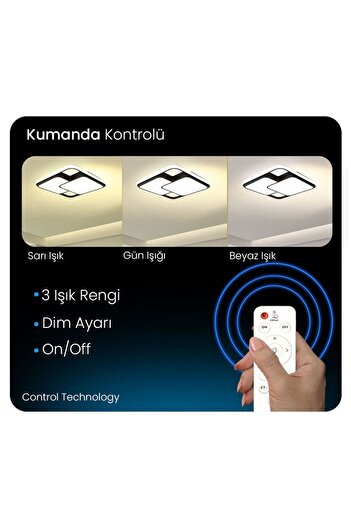 CATLUZ Siyah 2'li Kare 50x50cm Kumandalı, Dimli 3 Işık Rengi, Led Tavan Lambası, Avize, Modern Aydınlatma