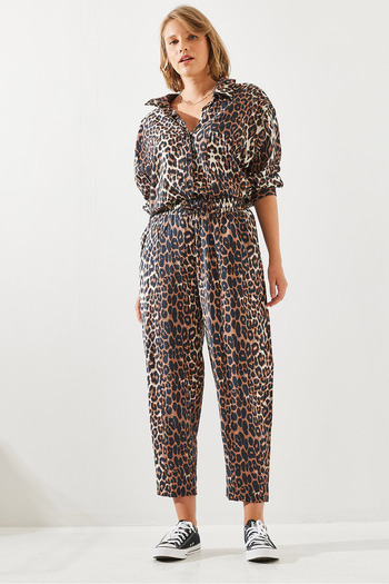 Bianco Lucci Leopard Patterned Women's Baggy Trousers with Piping Laces - 3890 60251794