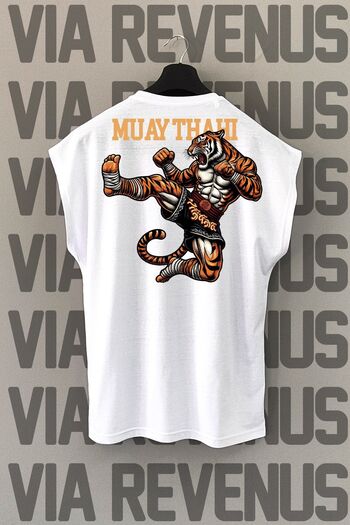 Vordevia White Muay Thai Tiger Printed Crew Neck Sports T-Shirt