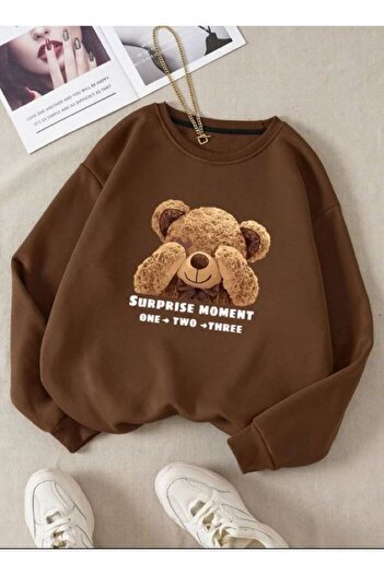 Know Γυναικείο φούτερ με 3 κλωστές καφέ Shy Bear με στάμπα με λαιμόκοψη