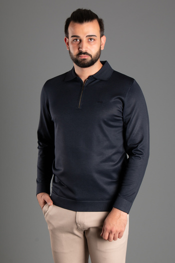 ZEKİ ÖZER Navy Blue Men's Polo Collar Zippered Knitwear Sweater