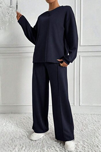 Know Women's Navy Blue Interlock Fabric Bottom Top Suit