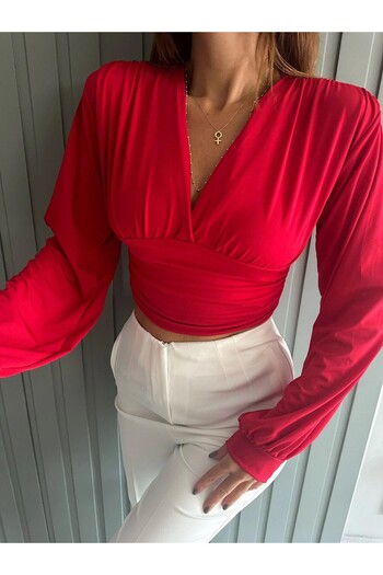 HARMONY GLOBAL Red V-Neck Crop Blouse with Waistband - Sandy Knitted 6808
