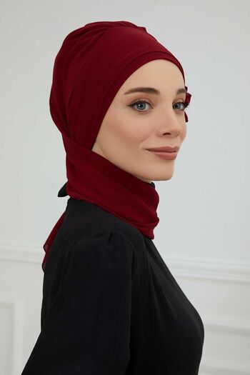 Ayşe Tasarım Special Design Chiffon Ready-To-Wear Turban with Stone Accessories, Burgundy, Ht-8, Burgundy