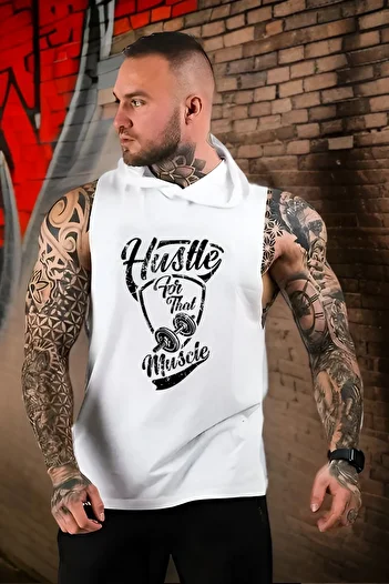 BESSA White Hooded Hustle Printed Cotton Sportsman T-Shirt