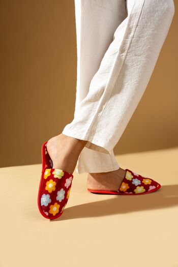 Pembe Potin Red Floral Women's Guest Dowry Bundle Daily Warm Lining House Slippers