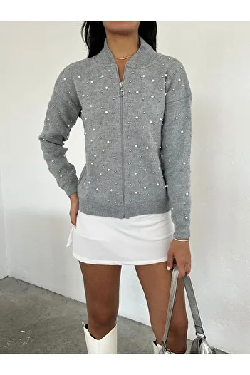 Brantu Women's Gray Pearl Zippered Cardigan