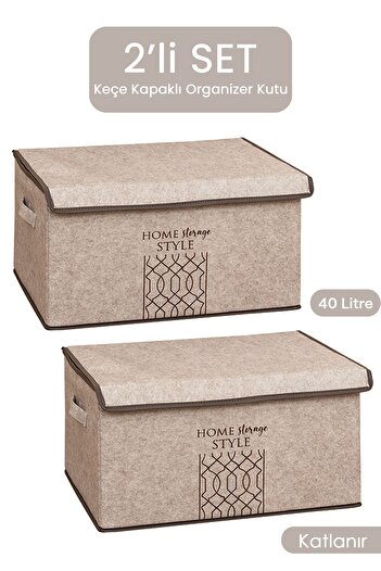 E-LİFE HOME 2'li  Maxi  Çok Amaçlı Keçe Kapaklı Katlanır Kutu Giysi Hurcu Dolap İçi Organizer Bej 47x37x24 cm
