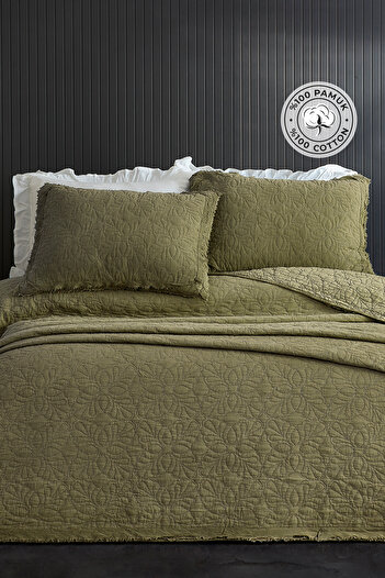 Evlen Home Collection %100 Pamuk Çift Kişilik Pike Takımı Özel Taş Yıkama Yatak Örtüsü Yumuşak Modern Rabio Yeşil