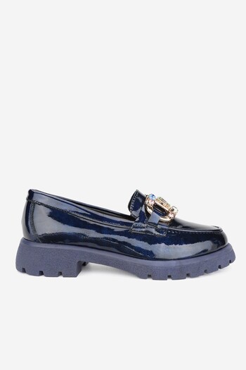 TUNAELLİ Navy Blue λουστρίνι Γνήσιο φυσικό δέρμα - Stone Detailed Lofer Shoes Μέγεθος 36-41