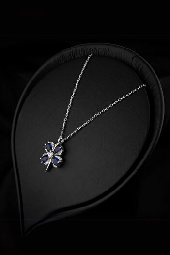 elasilver Mavi Safir Taşlı Dört Yapraklı Yonca 925 Ayar Gümüş Kadın Kolye