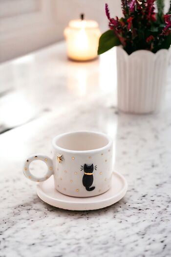 Özce Art Ceramic Atelier Cat Patterned Handmade 170 ml Turkish Coffee - Cup and Saucer with Gold Detail