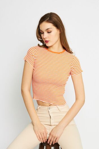 Oyga Orange Striped Camisole Crop Blouse - Crew Neck