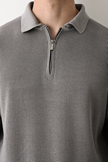 İLKCET MODA Zipper Collar Anthracite Premium Basic Steel Knitwear Sweater