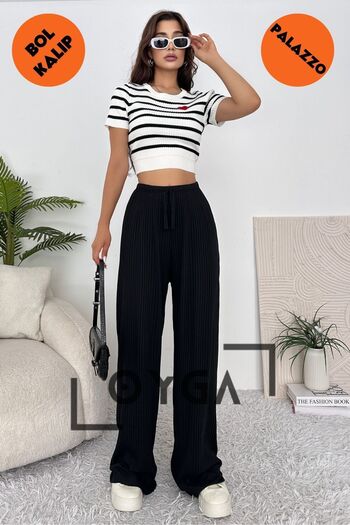 Oyga Women's Ribbed Palazzo Trousers - Black Comfortable Wear