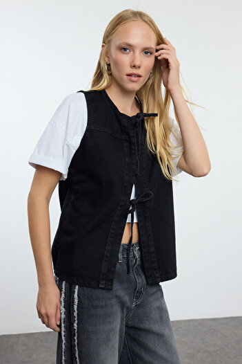Trendyol Collection Front Tie Black Oversize Denim Vest - Twoaw25ye00063