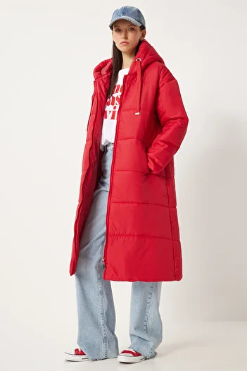 Happiness İstanbul Red Hooded Long Puffer Women's Coat - DD01006